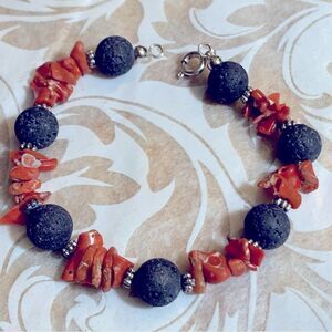 Lava Rock & Branch Coral Bracelet 6” Reiki Spiritual Healing Stones Gorgeous